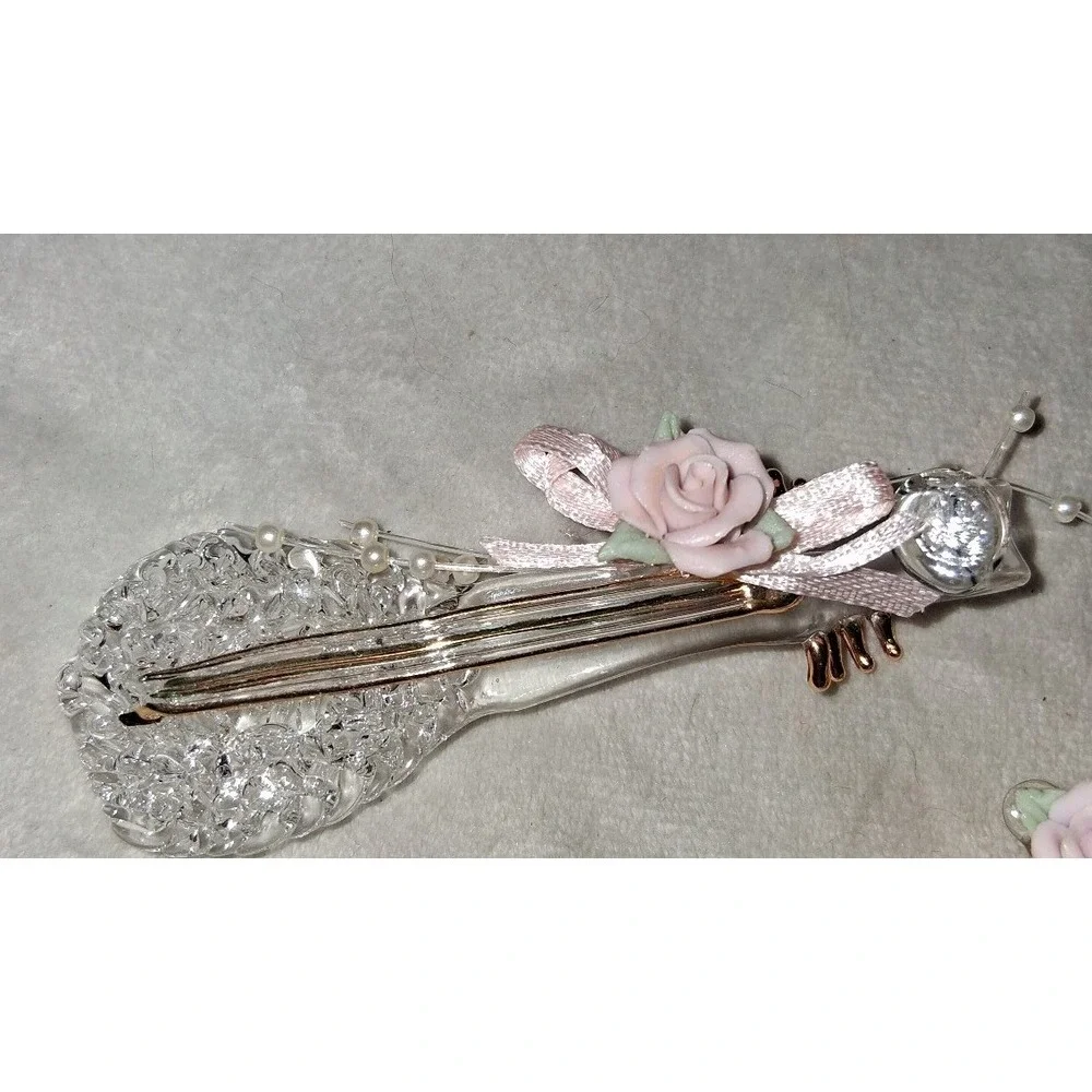 Lot of 4 Spun Glass instrument Ornaments Gold Trim Pink Roses Vintage Style